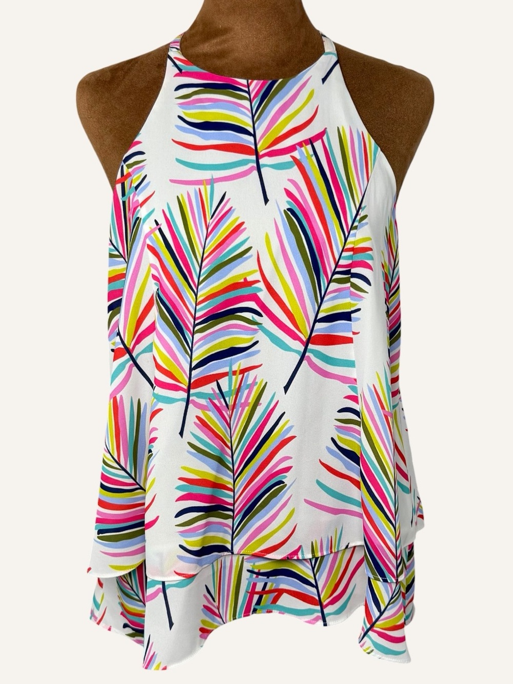 Colorful Tropical Palm Print High Neck Layered Tank Blouse Sleeveless Size S - Picture 2 of 12